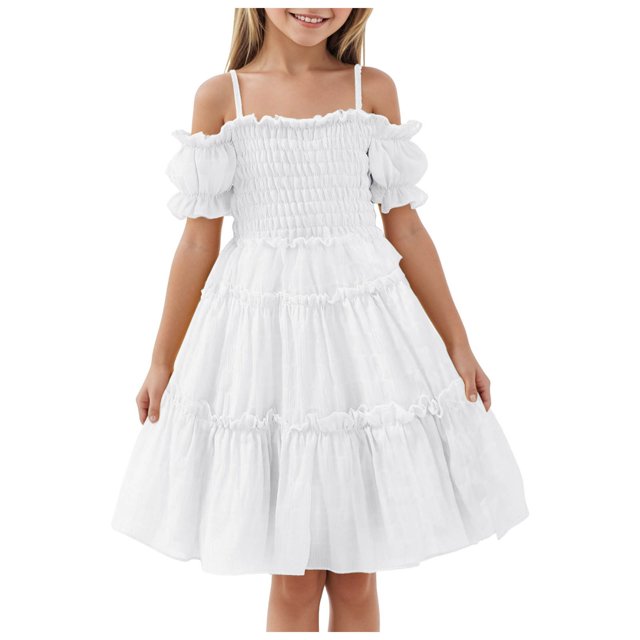 YDFCWXW Girls Cold Shoulder Shirred White Off Shoulder Ruffle Sleeve Summer A-Line Princess Sundress (White, 7-8 Years)