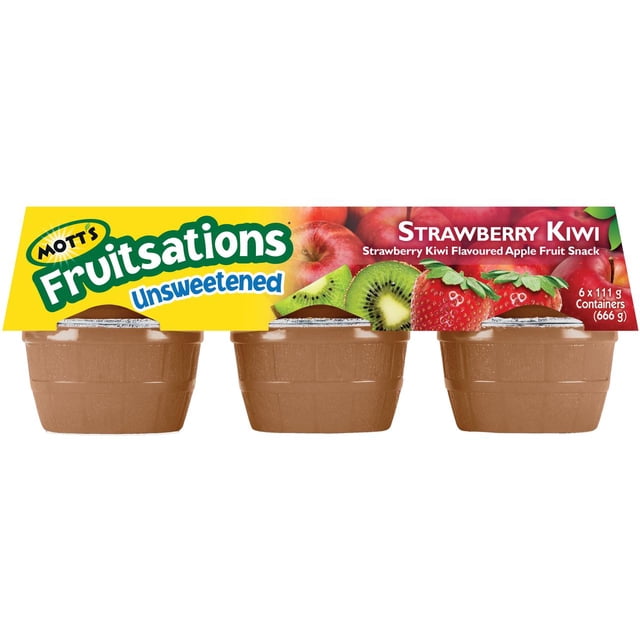Fruitsations de Mott's Compote de Pommes à la Fraise et au Kiwi Non Sucrée, Lot de Six, avec Trois Contenants de Collation aux Fruits en Plastique Brun Scellés avec Couvercles en Feuille, avec une Étiquette Jaune et Rouge avec des Fraises, des Tranches de Kiwi et des Pommes, Chaque Contenant Contenant 111 g de Collation aux Pommes et Fruits Non Sucrée, Idéal pour une Collation Pratique.