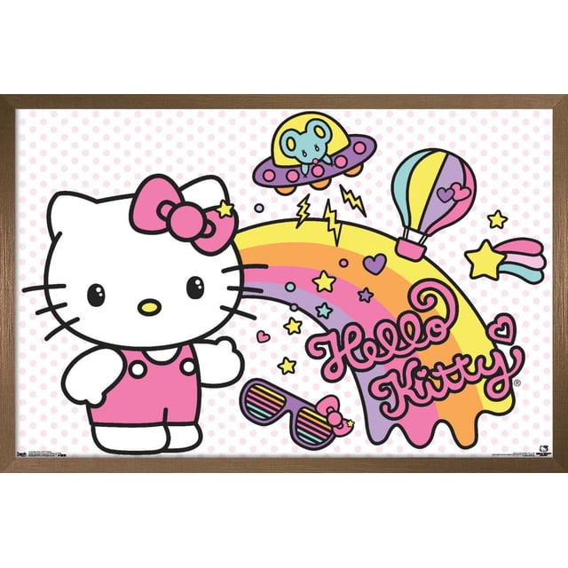 Hello Kitty - Retro Rainbow Wall Poster, 14.725" x 22.375" framed featuring Hello Kitty in pink overalls and bow, a multicolour rainbow with stars, hearts, a hot air balloon, sunglasses, and a mouse in a UFO on a light pink polka dot background, suitable for bedroom or dorm wall decor.