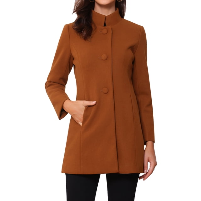 INSPIRE CHIC Women's Coat Mid Length Stand Collar Single Breasted Winter Outerwear Overcoat Light Brown Red M
