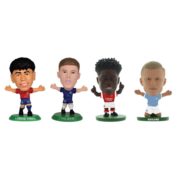 SoccerStarz Global Superstars Spain Lamine Yamal, Chelsea Cole Palmer, Arsenal Bukayo Saka & Manchester City Erling Haaland Action Figure Set, 4 Pack, 2 Inch Collectible Action Figures