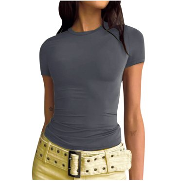 Besolor T-Shirts Courts Basiques Décontractés pour Femmes pour Sorties, Ajustés, à Manches Courtes, Col Rond, Ajustés, T-Shirts Mignons d'Été
