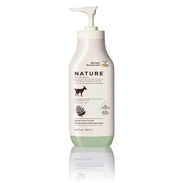 Nature by Canus Fresh Goat's Milk Moisturizing Lotion in a fragrance-free formula, shown in an 11.8 fl oz (350 ml) pump bottle. The bottle features a white and green design with a goat graphic and text highlighting its natural ingredients, including fresh goat's milk rich in proteins, vitamins, and minerals. Suitable for sensitive skin and free from parabens, phosphates, and gluten. Eco-friendly and not tested on animals.