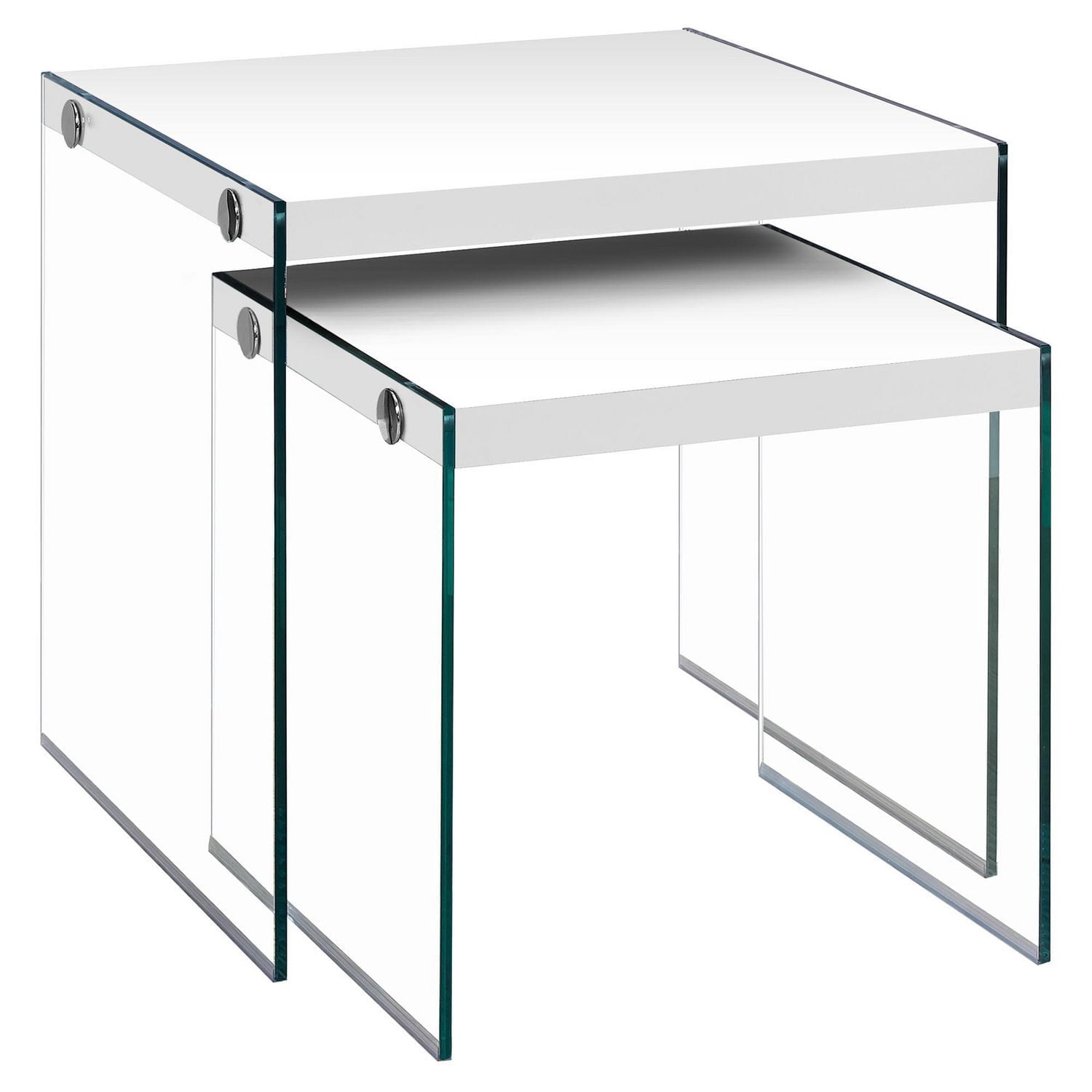 Monarch Specialties Tables Gigognes, Lot De 2, Côté, Bout, Accent, Salon, Chambre À Coucher, Verre Trempé, Stratifié, Blanc Lustré, Dégager, Contemporain, Moderne
