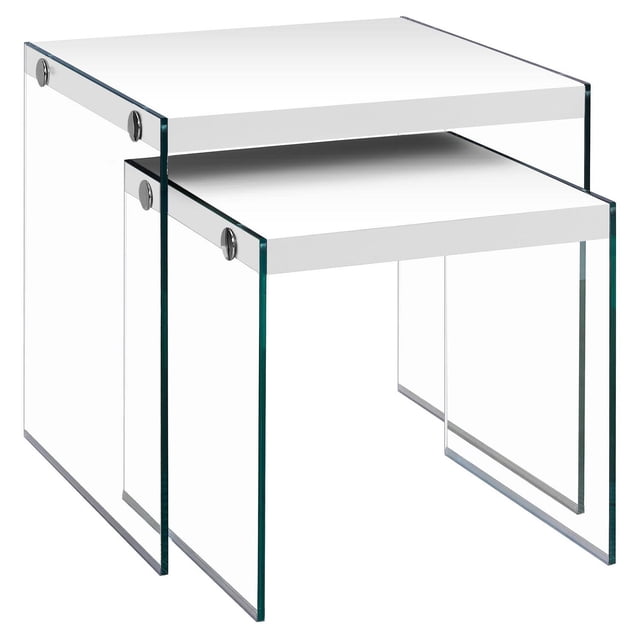 Monarch Specialties Nesting Table set of 2 with square glossy white laminate tops and clear tempered glass bases, designed as side, end, or accent tables for living or bedroom spaces, featuring a contemporary modern style and sturdy glass support, also suitable for displaying lamps or decorative items.