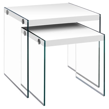 Monarch Specialties Tables Gigognes, Lot De 2, Côté, Bout, Accent, Salon, Chambre À Coucher, Verre Trempé, Stratifié, Blanc Lustré, Dégager, Contemporain, Moderne