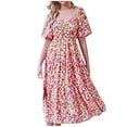 thumbnail image 1 of Cameland Robe d'Été pour Femme Décontractée Fluide de Plage à Encolure Carrée, Manches Courtes Bouffantes, Dos Smocké, Bohème à Fleurs, Longue Maxi, 1 of 6
