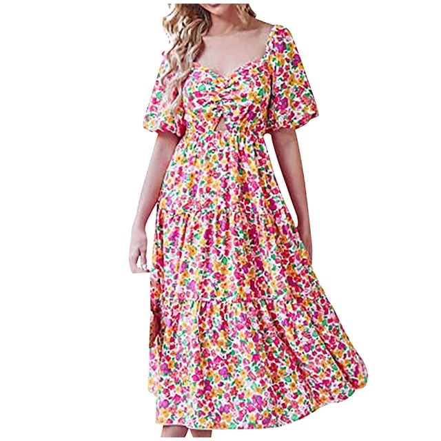 Cameland Robe d'Été pour Femme Décontractée Fluide de Plage à Encolure Carrée, Manches Courtes Bouffantes, Dos Smocké, Bohème à Fleurs, Longue Maxi