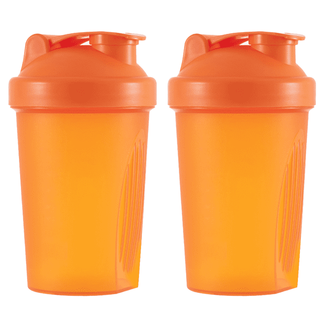 Shaker Bottle Protein Storage for Powder Workout Gym Wire Whisk Balls by Heily, featuring a set of two orange bottles with screw-on lids for a leak-proof seal and flip caps for secure closure. Each bottle includes a stainless steel wire whisk ball for mixing protein shakes, smoothies, and supplements. The wide mouth design allows easy addition of mix scoops and liquids, with embossed markings for measuring ounces and milliliters. Loop tops provide convenient carrying.