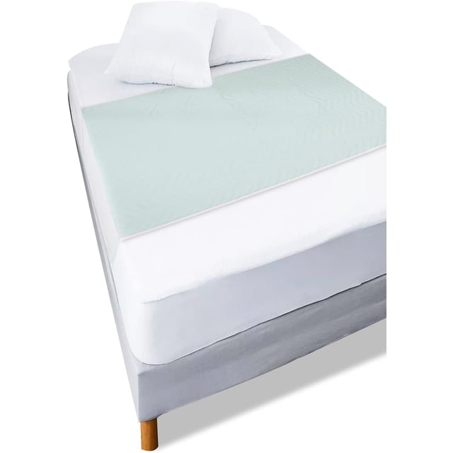GFDYREE mattress protector for bed wetting, featuring 5-layer absorbent technology, shown on a single bed. The reusable and washable bed pad measures 35 x 30 inches with 30 x 15-inch flaps for secure placement. Designed to protect against urine and sweat stains, it offers maximum absorption of 3 l/m2 and prevents skin ulcers caused by moisture. Ideal for adults, children, and postpartum women, suitable for home or healthcare settings.