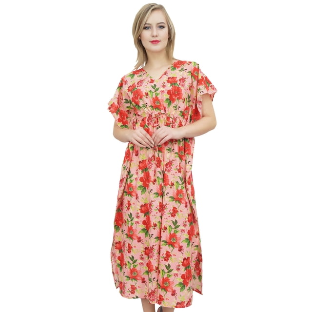 Bimba Kaftan Long Maxi à Fleurs Pêche pour Femme en Coton, Couvre-Maillot, Robe de Demoiselle d'Honneur-10