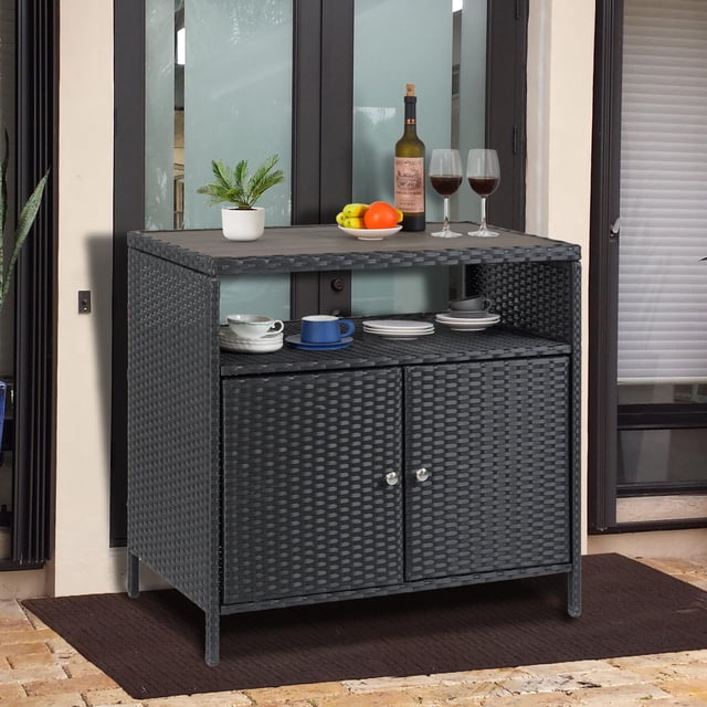 BeesClover Armoire de Rangement Extérieure en Rotin, Armoire Extérieure avec Compartiment Ouvert, Buffet Imperméable Table de Bar de Patio, Buffet en Osier à 2 Portes, Bar Extérieur pour Patio Jardin Cour Arrière au Bord de la Piscine