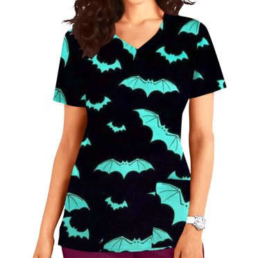 EQWLJWE Sarraus d'Infirmière Grande Taille Uniforme de Travail Uniforme d'Infirmière avec Poches Manches Courtes Col en V Sarraus Fantaisie Halloween Blouse Imprimée Chauve-Souris Dessin Animé Uniforme Tunique de Clinique Sarraus Extensibles Tenue de Travail