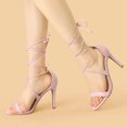 thumbnail image 2 of BLISSFUL STEP Chaussures pour Femmes Sandales à Talon Aiguille Haut à Bride Cheville à Nouer Bout Ouvert en Faux Suède Rose Pâle 7, 2 of 7
