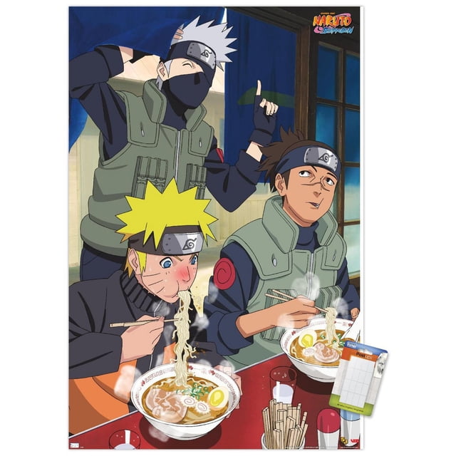 Naruto Shippuden - Food Wall Poster, 22.375" x 34" framed depicting anime characters Naruto Uzumaki and Kakashi Hatake eating steaming ramen bowls with chopsticks indoors, featuring Naruto's bright yellow hair and ninja headbands, set against wooden window frames and blue curtains, suitable for decorating bedrooms, offices, or dorms.