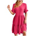 thumbnail image 1 of Besolor Robe d'Été pour Femme à Col en V, Manches Courtes, Boutonnée, Longueur Genou, Robe Ample Fluide à Volants, Style Bohème, Robes Soleil, 1 of 7
