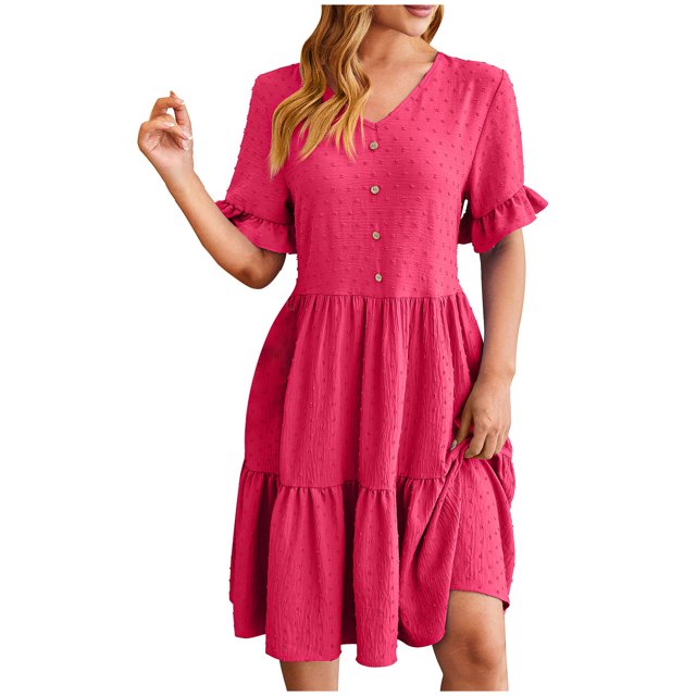 Besolor Womens Summer Dress V Neck Short Sleeve Button Knee Length Dress Loose Flowy Ruffle Boho Sundresses
