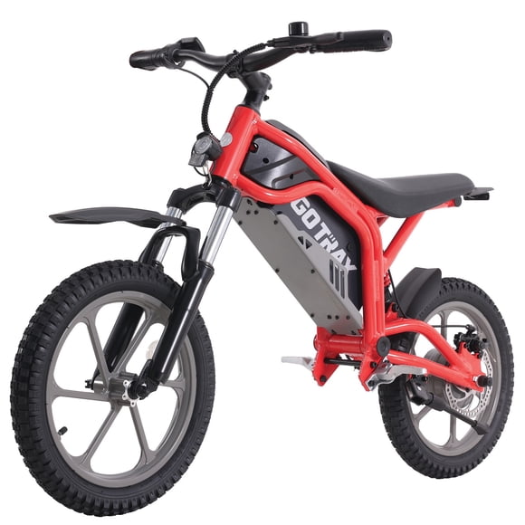 GOTRAX Fitz16" Off-Road Electric Bike for Kids, 350W Motor, Dual Suspension, Up to 15.5 MPH and 16 Miles Range, Dual Disc Brakes, LED Headlight, Aluminum Frame for Ages 8+,Red