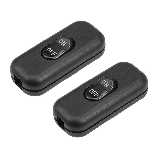 Unique Bargains Inline Cord Switch On-Off DPST Lamp Light Rocker Switch AC 250V 6A Black 2pcs. A set of two black inline cord switches with on-off rocker functionality, designed for desk lamps and small appliances. Features a double pole double throw (DPDT) mechanism for controlling circuits, motor direction, or light brightness. Made of brass and silicone with brass-tone contacts, suitable for home lighting and electrical accessories.