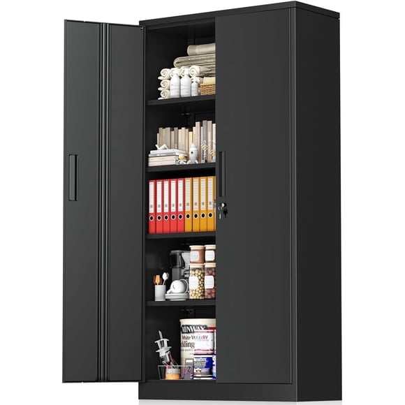 SOLAURA 71" Metal Garage Storage Cabinet with Locking Doors and Adjustable Shelves for Home, Office(Black)