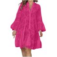 thumbnail image 2 of Jienlioq Robe Femme Liquidation Mode Femme Col en V Uni Broderie Patchwork Dentelle Bouton Robe Manches Longues, 2 of 7