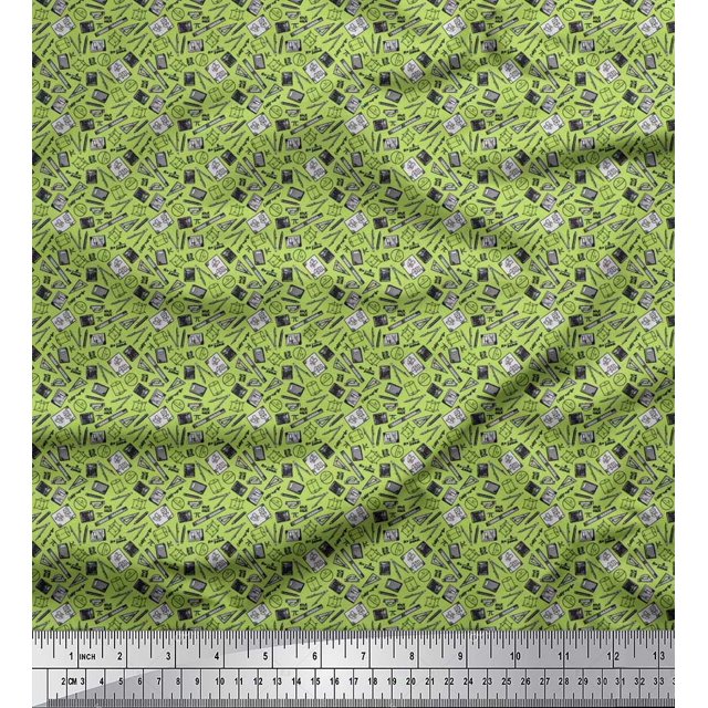 Soimoi Modal Satin Fabric Compass,Scale & Calculator Education Theme Decor Fabric Printed Yard 42 Inch Wide