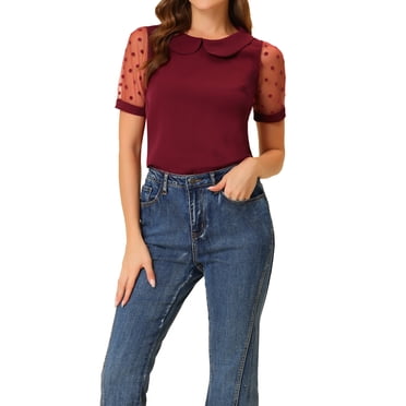 INSPIRE CHIC Women's Peter Pan Collar Top Puff Short Sleeve Vintage Polka Dots Mesh Sleeve Blouse S Wine Red