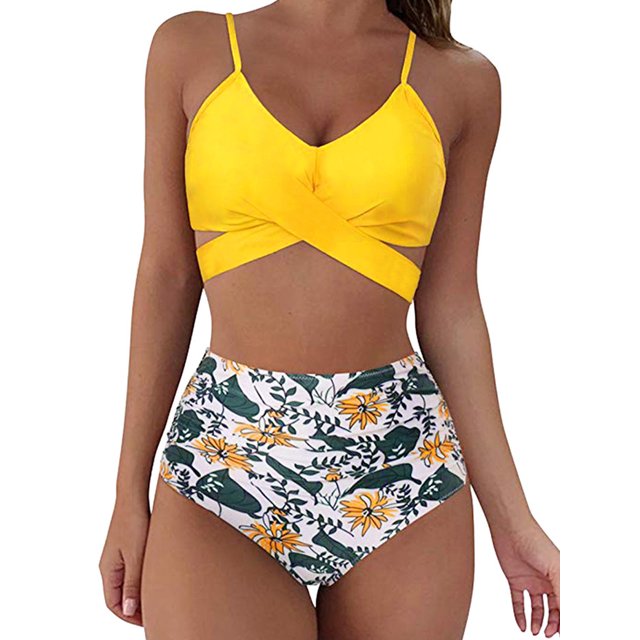 Faithtur Female Two-Piece Bathing Suit, Solid Color Spaghetti Strap Bikini Tops+ Leopard Print Bikini Panties, S/M/L/XL/XXL