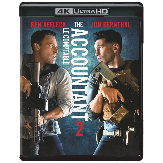 The Accountant 2 (4K Ultra HD) Couverture Blu-ray Mettant en Vedette Deux Hommes en Équipement Tactique Tenant des Fusils, Se Affrontant sur un Fond Texturé Bleu Foncé, avec le Titre en Texte Blanc et Rouge Audacieux et les Acteurs Ben Affleck et Jon Bernthal Nommés en Haut.
