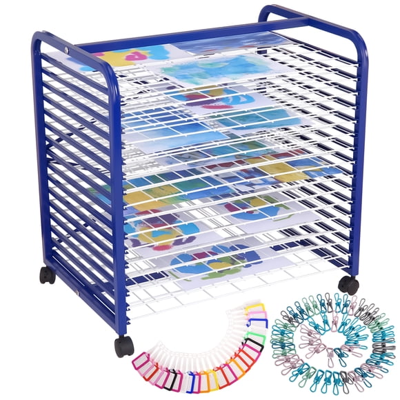Mobile Art Drying Rack - 16 Removable Metal Shelves, Lockable Wheels, Wall Mount/Tabletop - Paint & Craft Storage Organizer, Includes Clips & Labels, Blue, 26" x 18" x 26" - 16th Floor United States