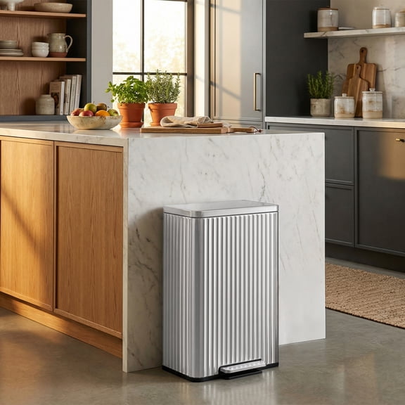 13 Gallon Kitchen Bin with Pedal, Soft Close Lid, Removable Inner Bucket, Stainless Steel Trash Can, Silver