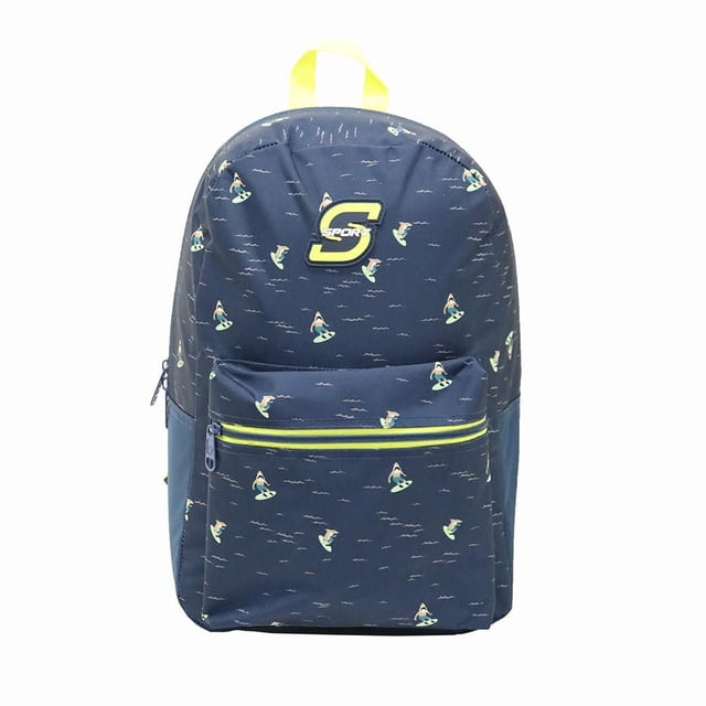 S Sport by Skechers multi compartment backpack in navy blue polyester with surfer print, zippered front pocket with yellow zipper, padded back and shoulder straps, and yellow top handle, ideal for adult casual and travel use.