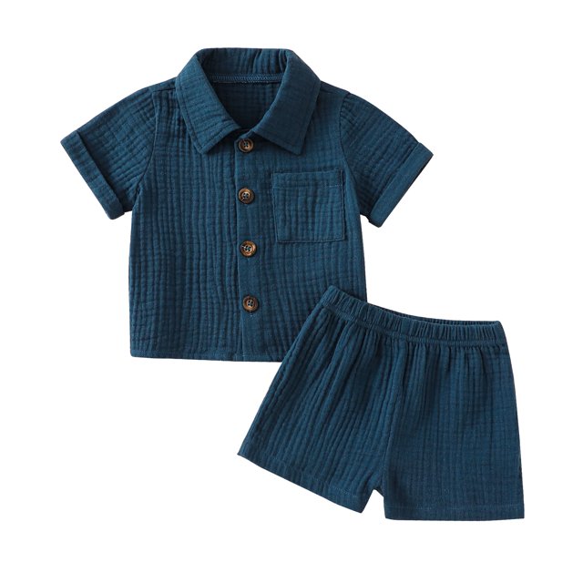 Faithtur Toddler Baby 2Pcs Summer Outfits, Short Sleeve Button Down Lapel Shirt + Shorts Set
