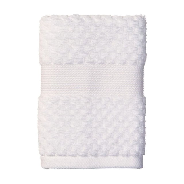 Better Homes & Gardens Signature Soft Popcorn Texture Towel Collection white kids' towel made of US cotton with popcorn texture and a smooth woven band, folded neatly, extra absorbent and soft for kids' bathroom use, also suitable for quick-drying hand towel