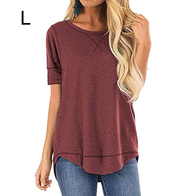 Women T-shirt Solid Color Stitching Top Asymmetrical Hem Blouse, Color Stitching Purple Red, L