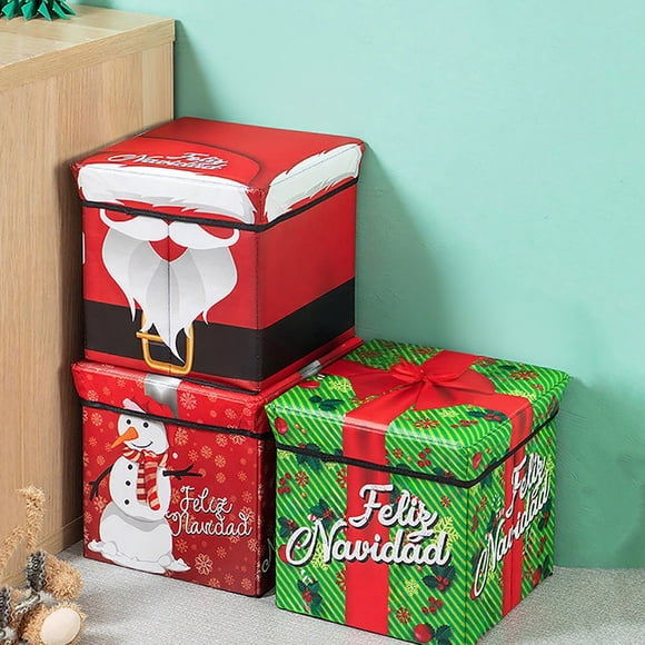 Bowayaoa Non Woven Storage Box with Lid, Christmas Stool & Toy Organizer, Foldable Decorative Storage Bin for Living Room, Nursery, Holiday Gift