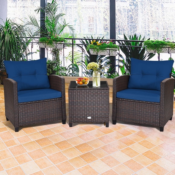 Gymax Ensemble de Conversation en Rotin pour Patio Extérieur 3 Pcs Jardin Cour avec Coussins Bleu Marine