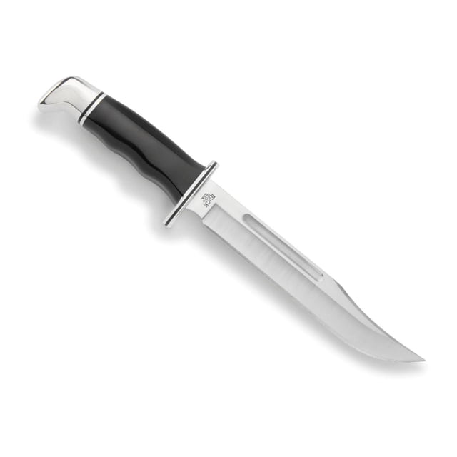 Buck Knives 120 General Hunting Knife with a 7.375-inch 420HC steel clip blade featuring a fuller, black phenolic handle with finger grooves, and polished metal guard and pommel, displayed on a white background, ideal for hunting and outdoor activities.