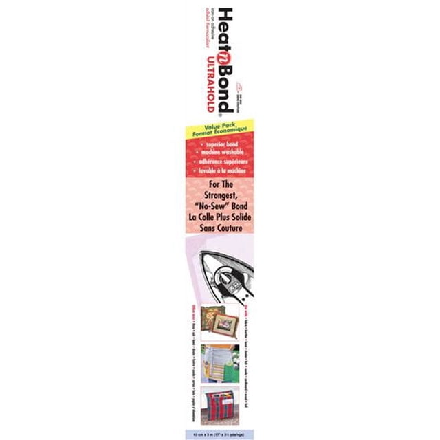HEATNBOND UltraHold Iron-On Adhesive value pack, 3 meters long, paper-backed for tracing and cutting, no-sew permanent bond ideal for fabric appliqués, shown with iron fusing fabric on quilts, apparel, and crafts for strong, clean edges.