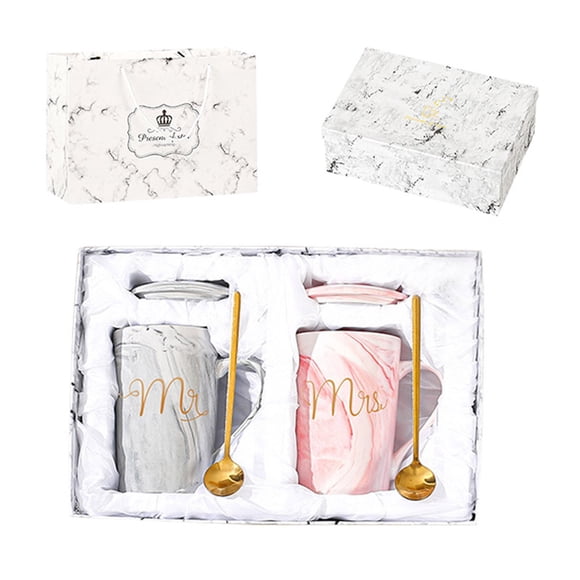 WMQPNNS New Trending M and Ms Coffee Mugs Wedding Gifts for Bride and Groom Gifts for Bridal Shower Engagement Married Couples Anniversary and Wedding Ceramic Cups 12.7Oz Pink Grey with Gift Box & Bag