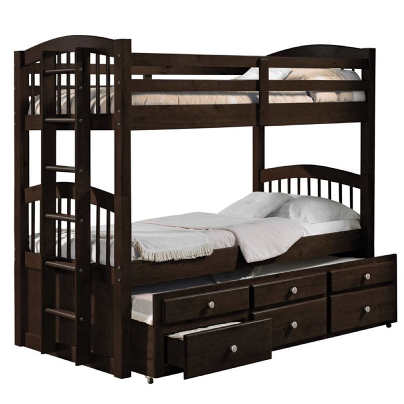Pemberly Row Twin over Twin Storage Bunk Bed with Trundle in Espresso