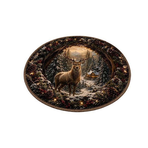 LFKERWMG Under 10 Christmas 3D Visual Round Area Rug Winter Deer Pattern Non‑ Circular Floor Mat For Xmas Home Living Room Bedroom