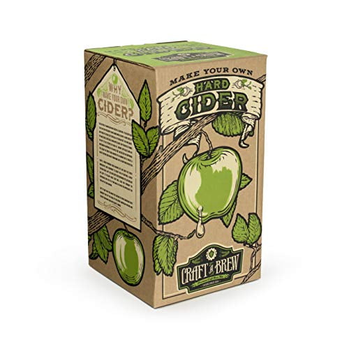 Craft A Brew Hard Cider Brew Kit packaging featuring a rustic design with green apples and leaves on a kraft-colored background. The kit includes a glass carboy, funnel, racking cane, rubber stopper, transfer tubing, tubing clamp, airlock, guide to making hard cider, a hard cider recipe for three batches, and sanitizer. Ideal for home brewing enthusiasts.