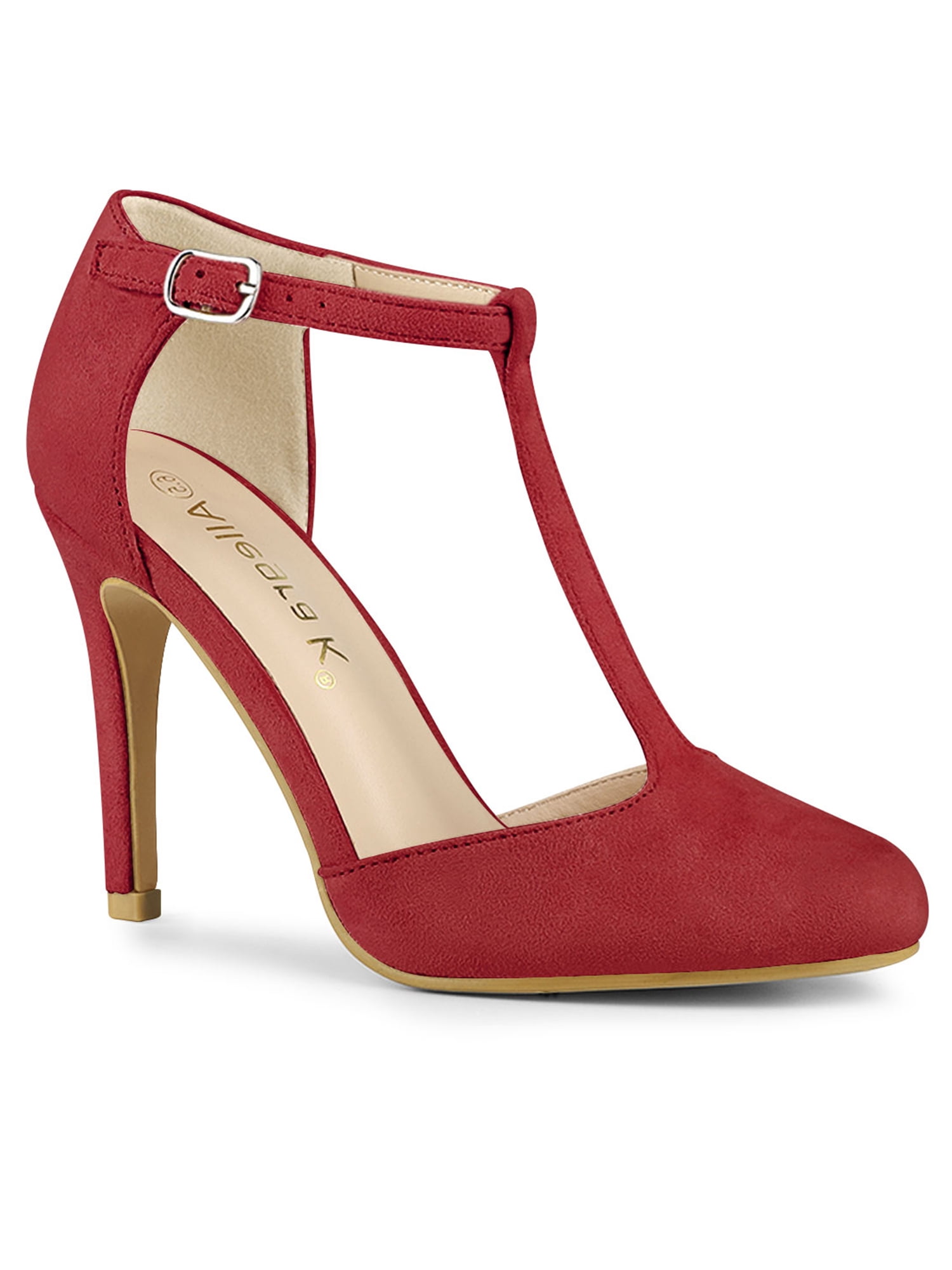 BLISSFUL STEP Women Rounded Toe Stiletto Heel T-Strap Dress Pumps Red (Size 8)