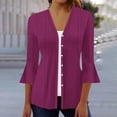 thumbnail image 1 of VKOYWKM 3/4 Length Sleeve Womens Tops Trendy Eyelet Embroidery Tees Button Down V Neck Pullover Tops Solid Color Ruffle Bell Sleeve Tunic Blouses, 1 of 5