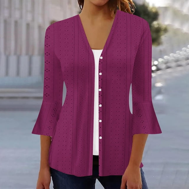 VKOYWKM 3/4 Length Sleeve Womens Tops Trendy Eyelet Embroidery Tees Button Down V Neck Pullover Tops Solid Color Ruffle Bell Sleeve Tunic Blouses