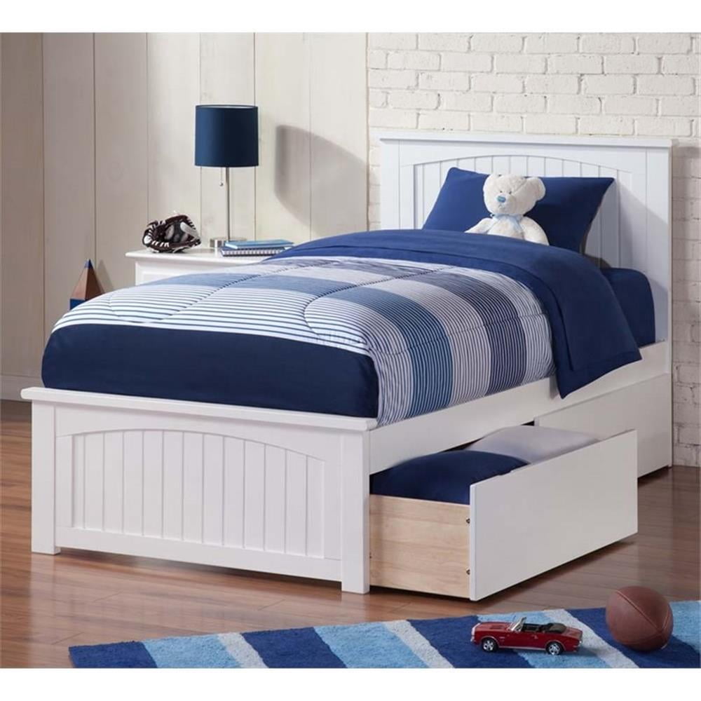 Lit Plateforme en Bois Nantucket Simple TG avec Pied de Lit et Tiroirs Assortis, Blanc