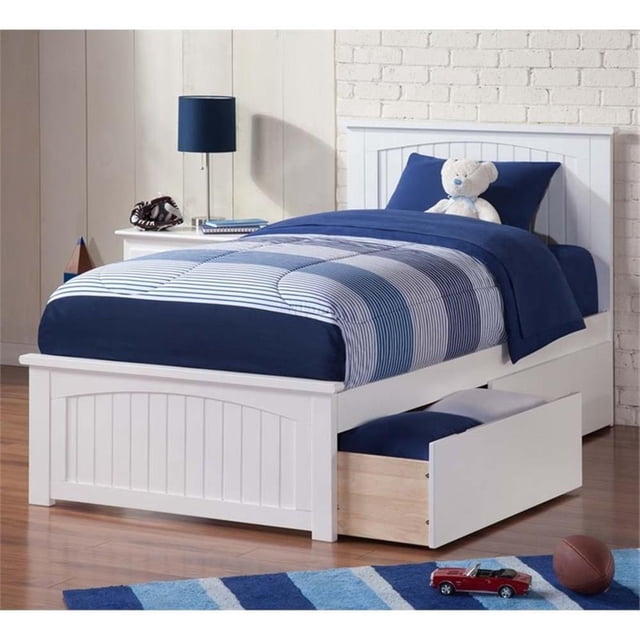 Lit Plateforme en Bois Nantucket Simple TG avec Pied de Lit et Tiroirs Assortis, Blanc