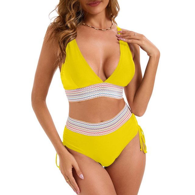 YUTK Womens Bathing Suits - Women's Bikini High Waisted Split Color Suit with Drawstring Gathered Abdominal Swimsuit Yellow M