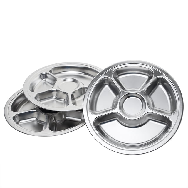 Aspire 3 Pack Stainless Steel Round Dinner Plate Divided Plates Camping Serving Platter-5 Sections